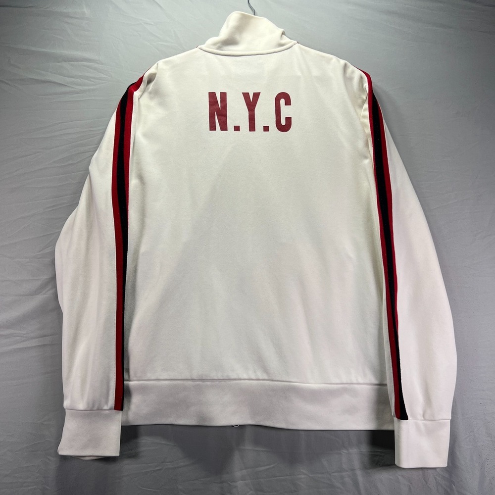 Express Track Jacket Mens XL White Full Zip Striped Sleeves Crest Patch NYC Y2K